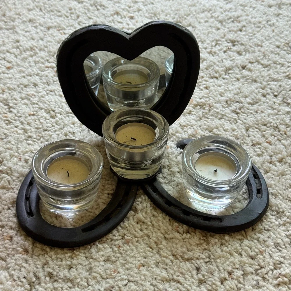 Handcrafted Horseshoe Heart Mirror Votive Candle Holder Rustic Cast Iron Black